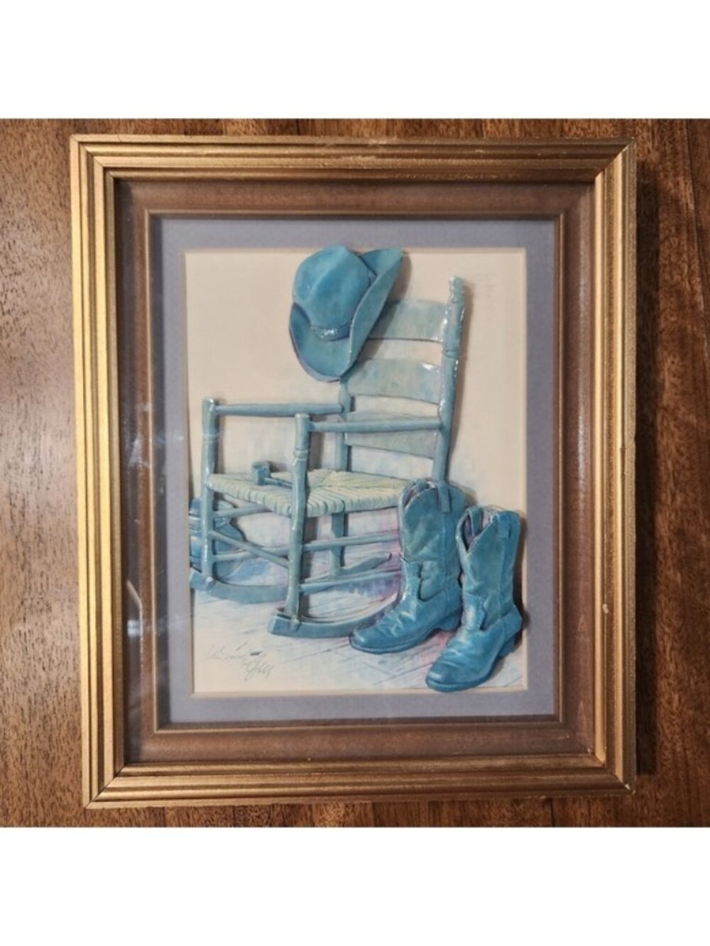 Framed 3Dโ Western Art Rocking Chair Cowboy Boots Hat Blue Signed Arthur sarnoff